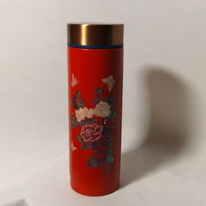 Lovely Orange Metal Travel Drinking Cup with Bronze Lid & Abalone Shell Design